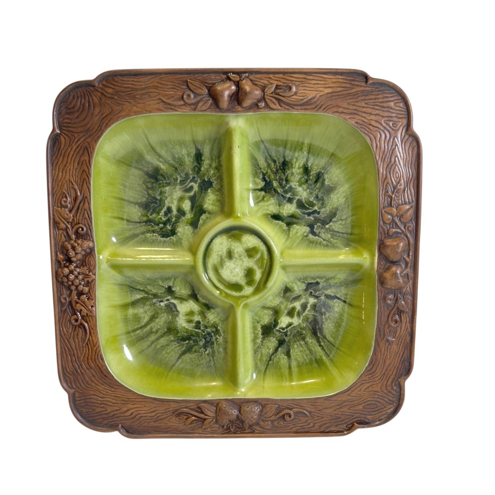 Vtg Treasure Craft Early American‎ Divided Relish Tray Wood  Look Avocado Green